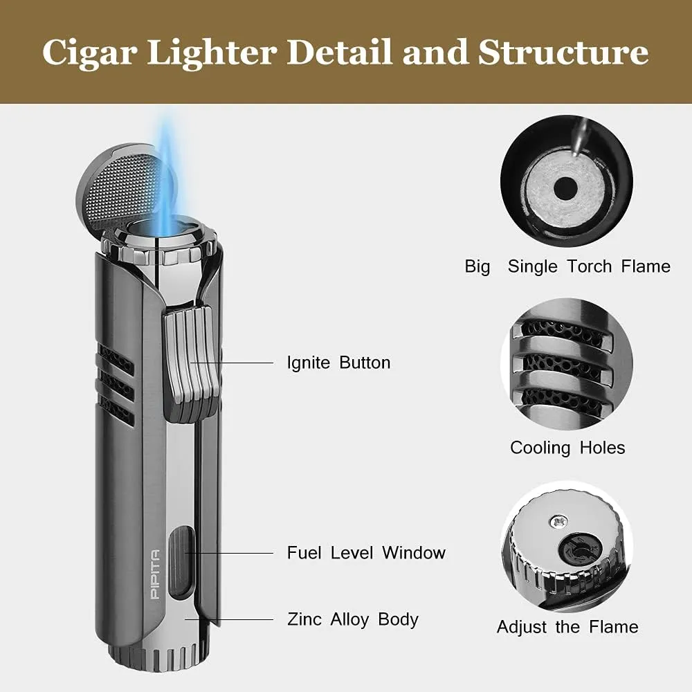 PIPITA Torch Lighter Windproof Butane Gas Lighter Jet Single Flame Metal Lighter, Adjustable Flame and Refillbale Fuel Metal Lighter (Butane Not Included) (Blue Yellow)