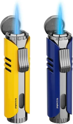 PIPITA Torch Lighter Windproof Butane Gas Lighter Jet Single Flame Metal Lighter, Adjustable Flame and Refillbale Fuel Metal Lighter (Butane Not Included) (Blue Yellow)