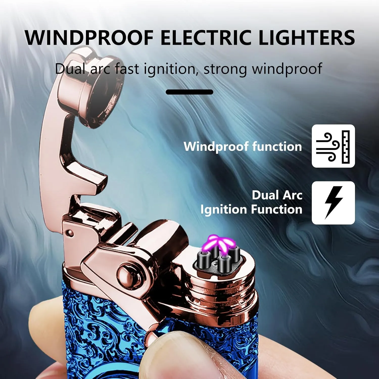 Plasma Lighter Windproof Flameless Arc Lighter with Rocker Decompression USB Rechargeable Lighters with Battery Indication (Blue)