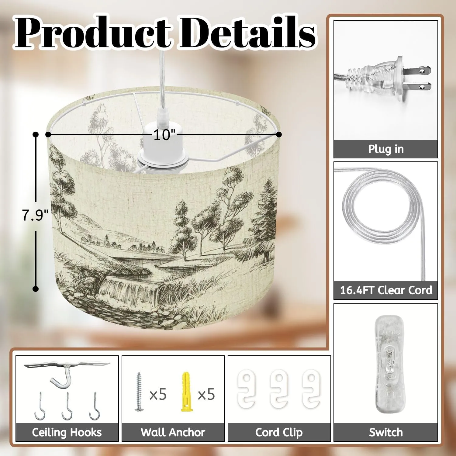 Plug in Pendant Light River Flow Landscape Hand Drawn Nature Hanging Lamp with Plug in Cord 16.4 ft Dimmable Hanging Light for Bedroom Kitchen Island Living Room