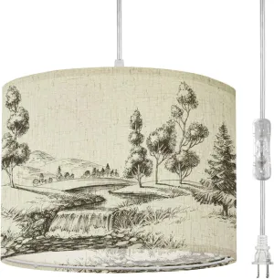 Plug in Pendant Light River Flow Landscape Hand Drawn Nature Hanging Lamp with Plug in Cord 16.4 ft Dimmable Hanging Light for Bedroom Kitchen Island Living Room