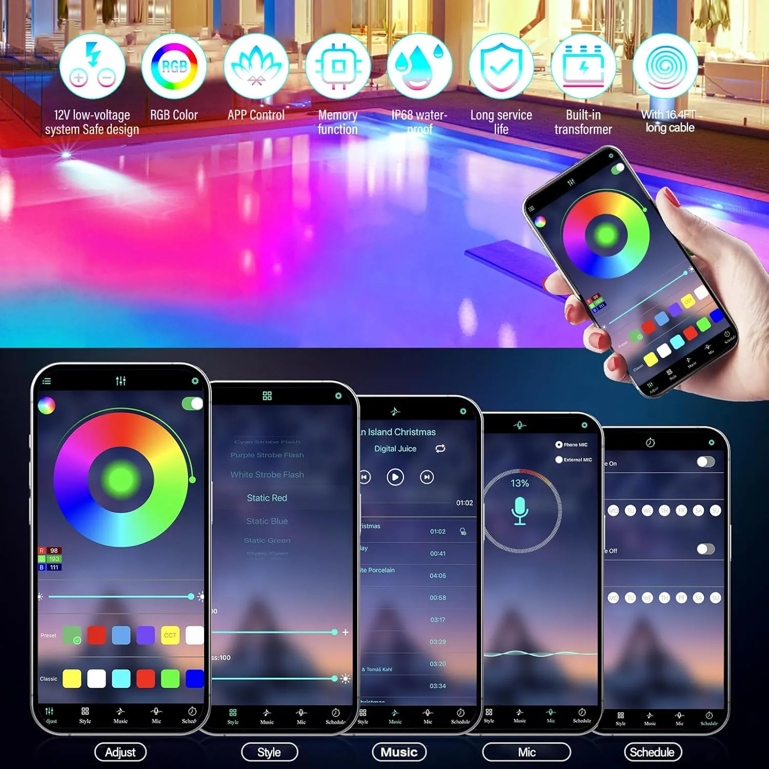 Pool Light 12V RGB Swimming Underwater Pool Lights with APP Control IP68 Waterproof Dimmable Built-in Transformer Submersible LED Pool Lights for Aboveground Inground Swimming Pool(16.4ft Cord)