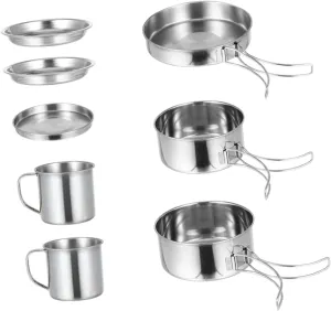 POPETPOP Stainless Steel Pot Set 8-Piece Camping Cookware Picnic Pan Cooking Utensils for Hiking Outdoor Cooking