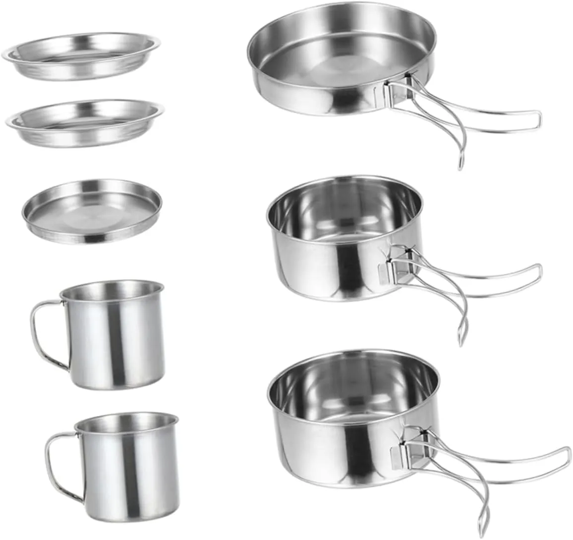 POPETPOP Stainless Steel Pot Set 8-Piece Camping Cookware Picnic Pan Cooking Utensils for Hiking Outdoor Cooking