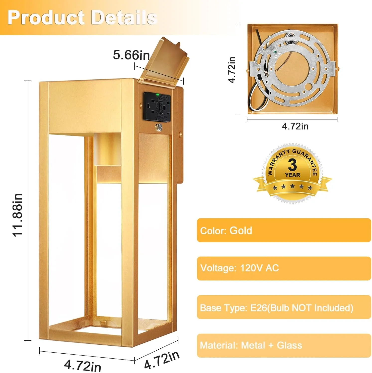 Porch Lights Outdoor Wall Sconce, Outdoor Light with GFCI Outlet, Waterproof Exterior Wall Lantern Light Fixtures, Anti-Rust Wall Lamp with Clear Glass for Patio Doorway Garage- Gold, 1 Pack