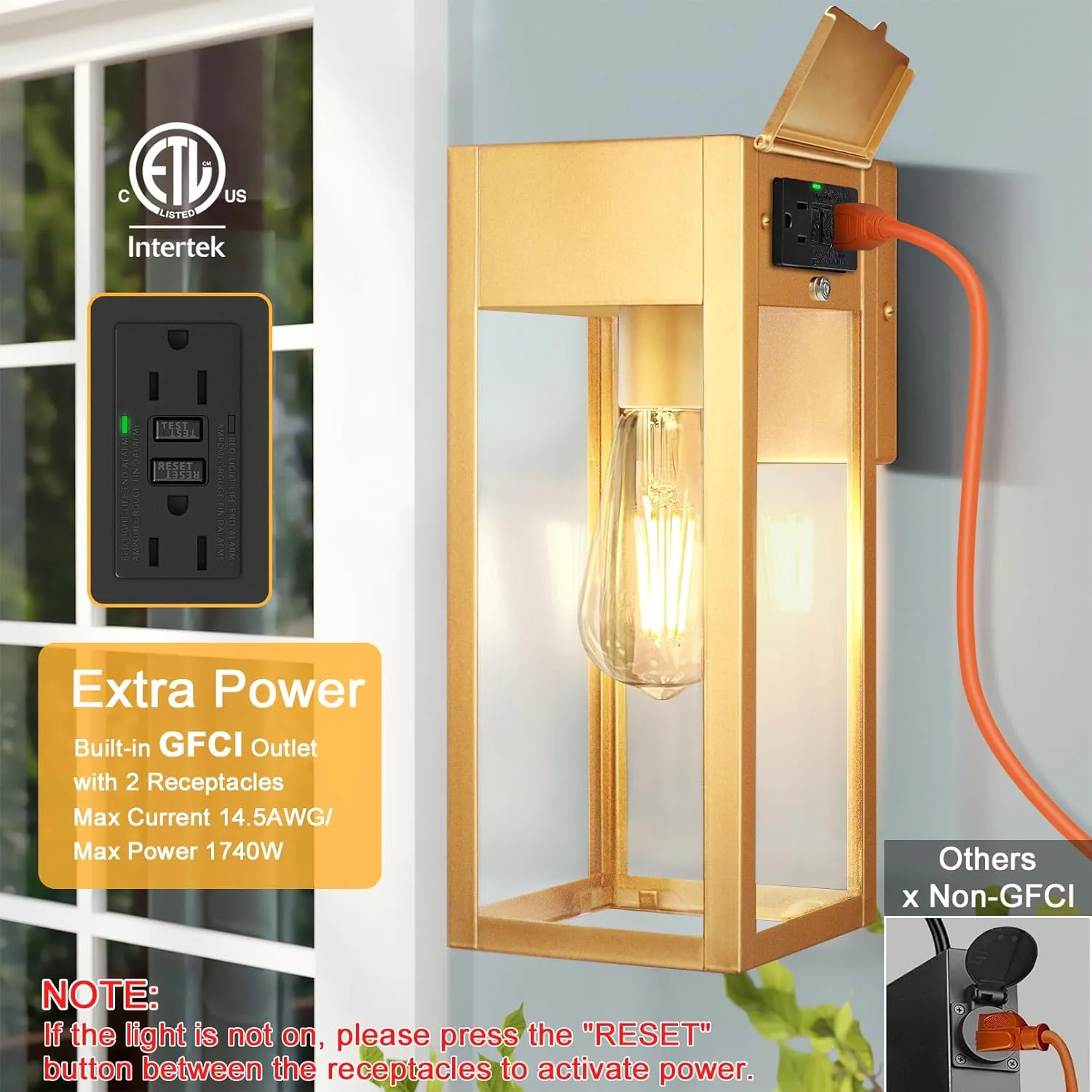 Porch Lights Outdoor Wall Sconce, Outdoor Light with GFCI Outlet, Waterproof Exterior Wall Lantern Light Fixtures, Anti-Rust Wall Lamp with Clear Glass for Patio Doorway Garage- Gold, 1 Pack