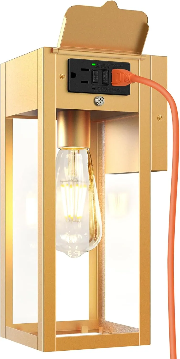Porch Lights Outdoor Wall Sconce, Outdoor Light with GFCI Outlet, Waterproof Exterior Wall Lantern Light Fixtures, Anti-Rust Wall Lamp with Clear Glass for Patio Doorway Garage- Gold, 1 Pack