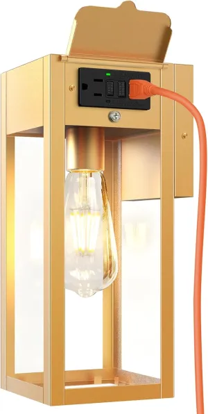 Porch Lights Outdoor Wall Sconce, Outdoor Light with GFCI Outlet, Waterproof Exterior Wall Lantern Light Fixtures, Anti-Rust Wall Lamp with Clear Glass for Patio Doorway Garage- Gold, 1 Pack