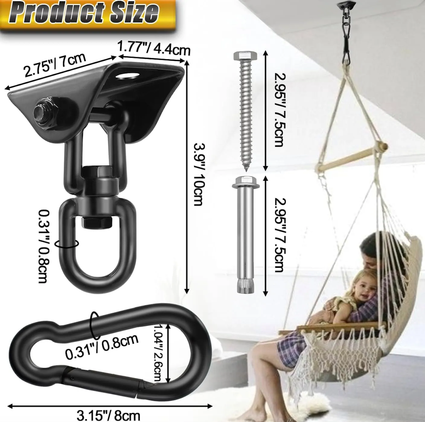 Porch Swing Hanging Kits-Hammock Hanging Kit 360°Rotating 1200 lb Capacity-Heavy Duty Hooks Hanging Chair Hardware Hangers for Yoga, Punching Bags, Egg Chair (2 Pack)