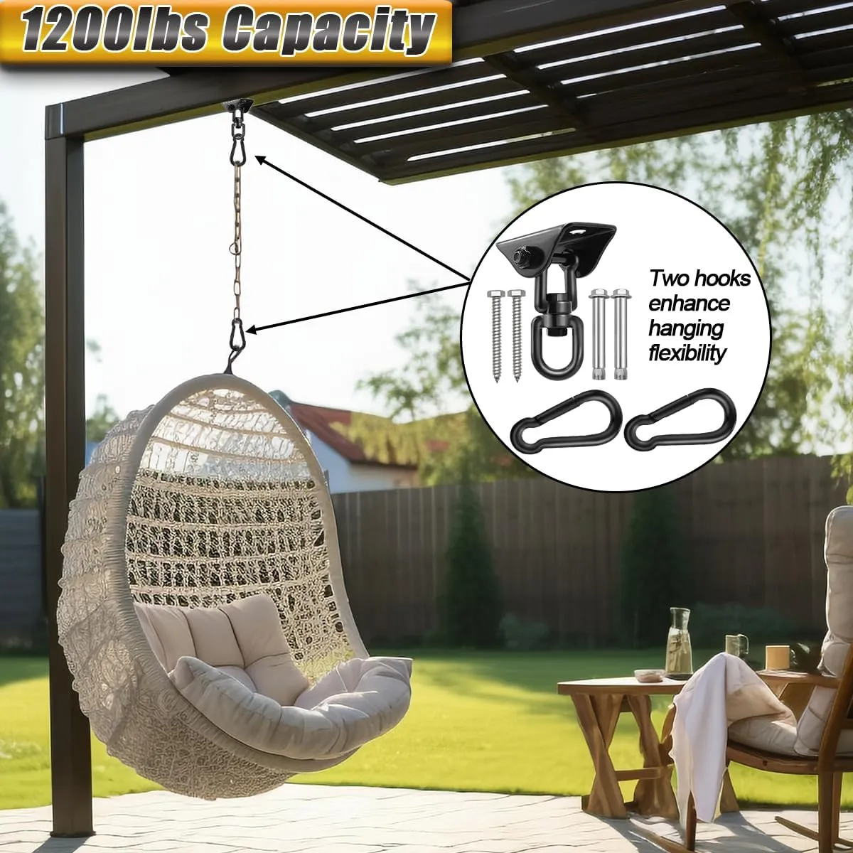 Porch Swing Hanging Kits-Hammock Hanging Kit 360°Rotating 1200 lb Capacity-Heavy Duty Hooks Hanging Chair Hardware Hangers for Yoga, Punching Bags, Egg Chair (2 Pack)