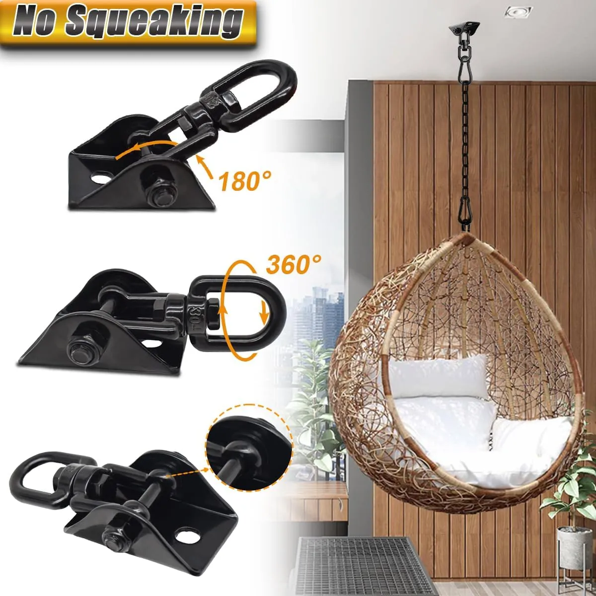 Porch Swing Hanging Kits-Hammock Hanging Kit 360°Rotating 1200 lb Capacity-Heavy Duty Hooks Hanging Chair Hardware Hangers for Yoga, Punching Bags, Egg Chair (2 Pack)