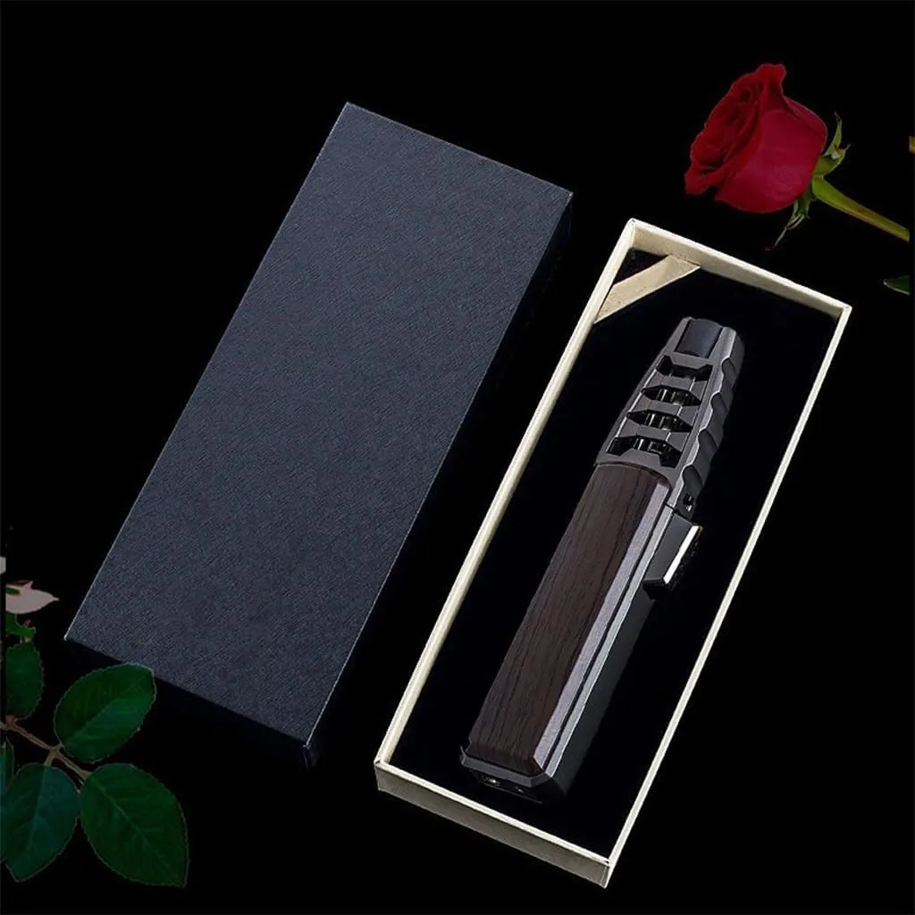 Portable Adjustable Strong Jet Flame Pen Lighter, Windproof Straight Blue Flame, Rechargeable Butane, with Safety Lock, Suitable for Outdoor Camping Candles (Butane Not Included)(Walnut)