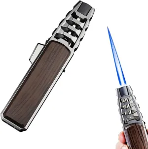 Portable Adjustable Strong Jet Flame Pen Lighter, Windproof Straight Blue Flame, Rechargeable Butane, with Safety Lock, Suitable for Outdoor Camping Candles (Butane Not Included)(Walnut)