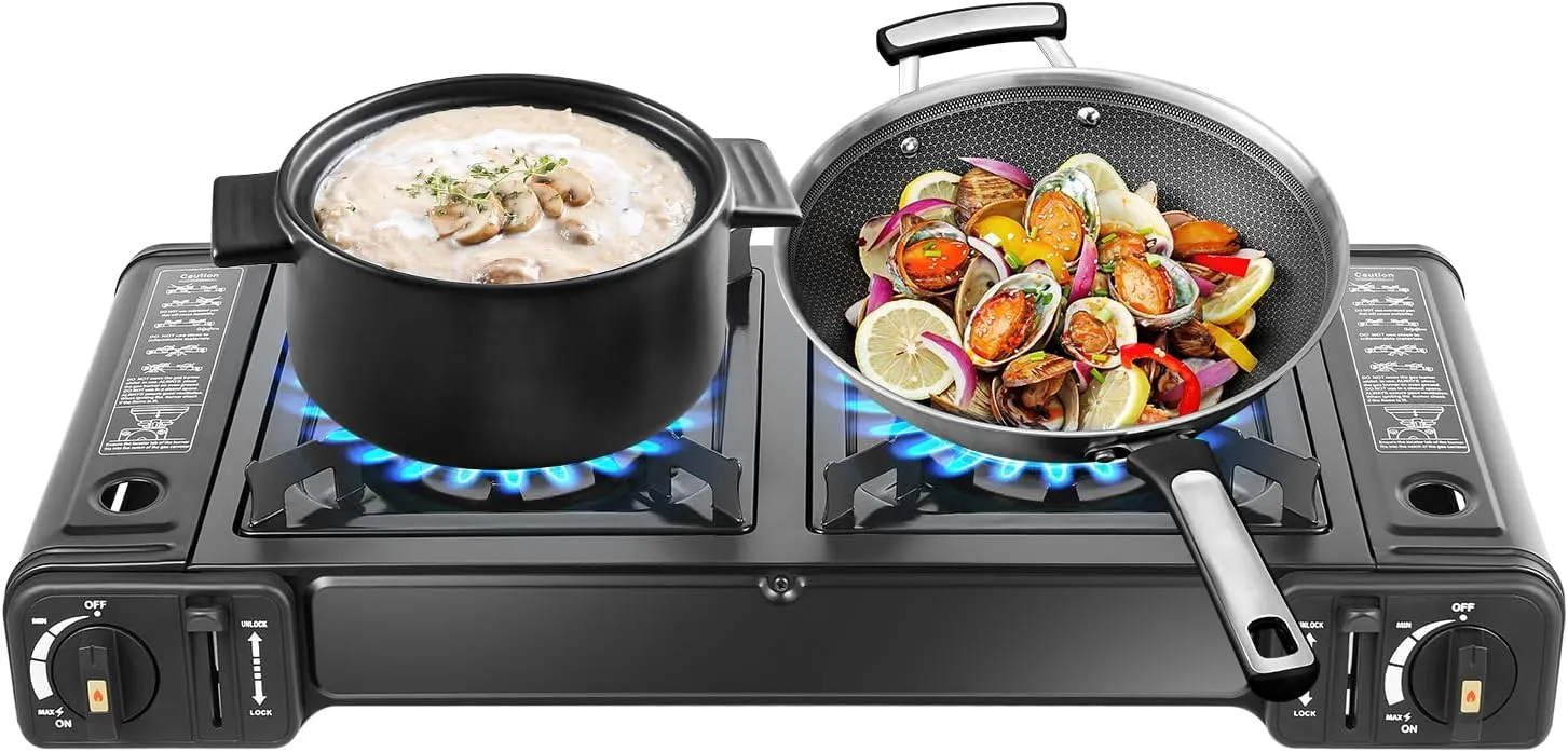 Portable Butane Camping Stove with Auto Ignition, 2 Burners Modern Rectangular Design - LPG Burner for RV, Apartments, & Outdoor Use - Durable Iron, Aluminum, Copper, & Plastic Construction