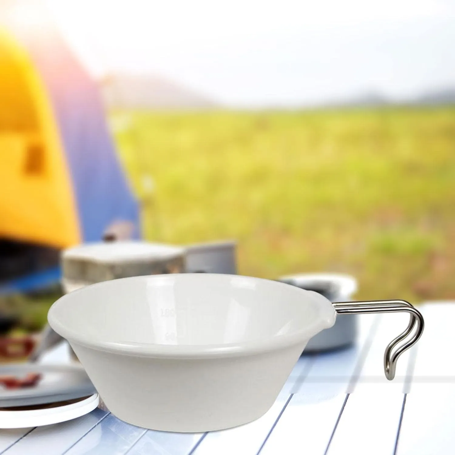 Portable Camping Bowl PBT Bowl with Stainless Steel Handle Tableware Cooking Outdoor Cookware for Picnic, Beach, Kitchen, Trekking, Hiking, White