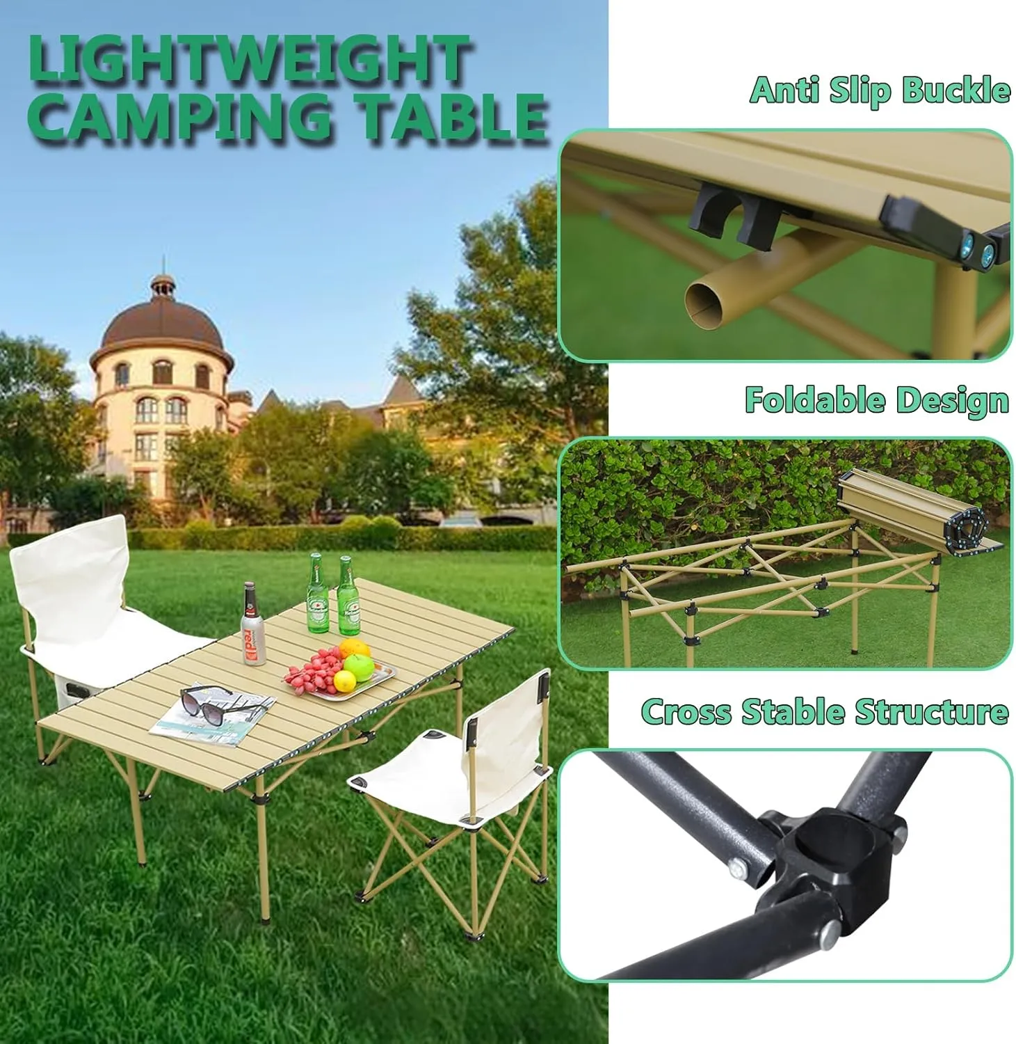 Portable Folding Camping Table, Roll-Up Aluminum Table with Carry Bag, Lightweight Design for Beach, Travel, and Outdoor Adventures Light Yellow 50×53×50cm/19.7×20.9×19.7in