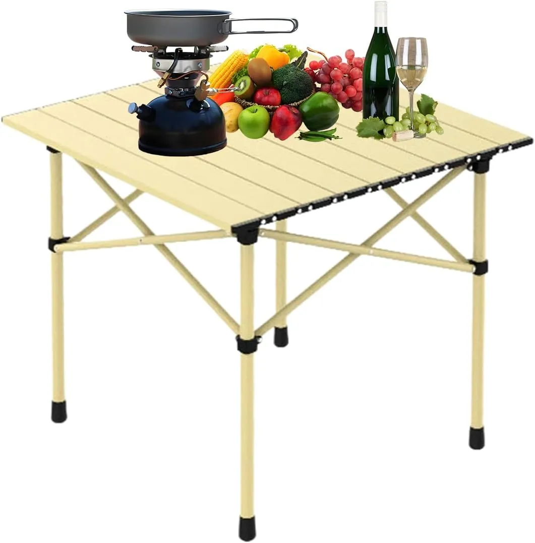 Portable Folding Camping Table, Roll-Up Aluminum Table with Carry Bag, Lightweight Design for Beach, Travel, and Outdoor Adventures Light Yellow 50×53×50cm/19.7×20.9×19.7in