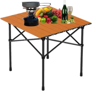 Portable Folding Camping Table, Roll-Up Aluminum Table with Carry Bag, Lightweight Design for Beach, Travel, and Outdoor Adventures Wood Color 50×53×50cm/19.7×20.9×19.7in