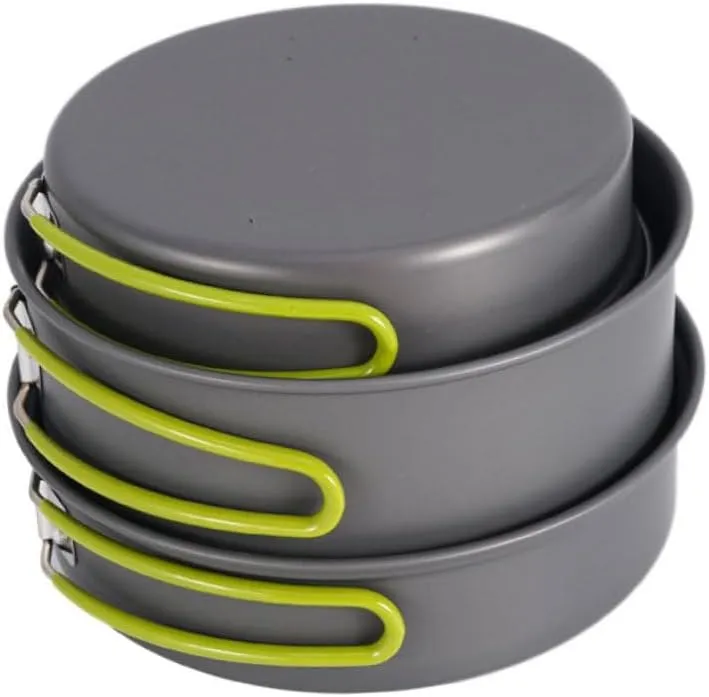 Portable Picnic Set 1 Medium Pan 1 Large Pan 3 Bowls Soup Spoon Bamboo Spatula Loofah Non-Stick Camping Cooking Gear