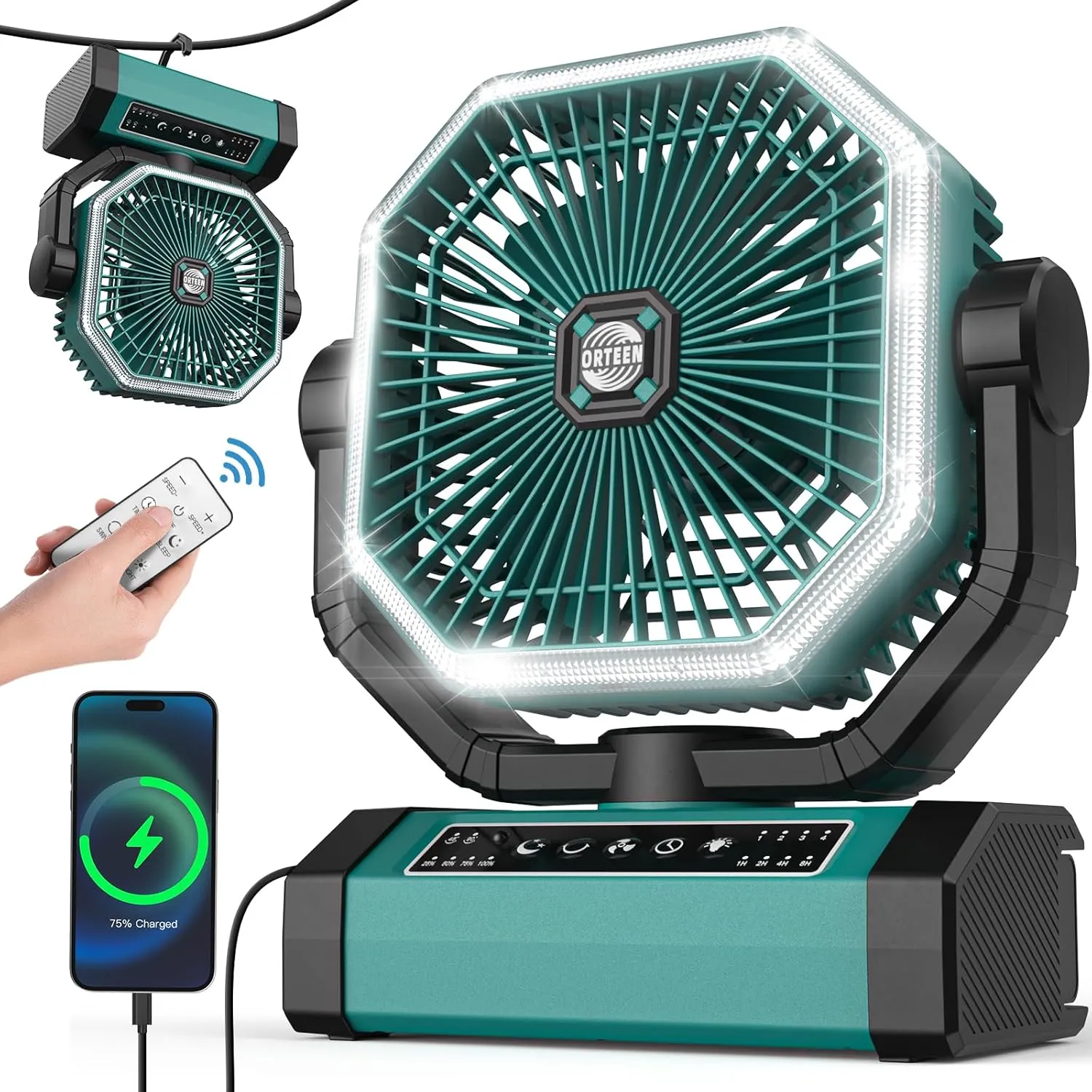 Portable Rechargeable 9-Inch Camping Fan - 10000mAh Battery, Auto Oscillation, Remote Control, 4 Speeds, 4 Timing, Outdoor