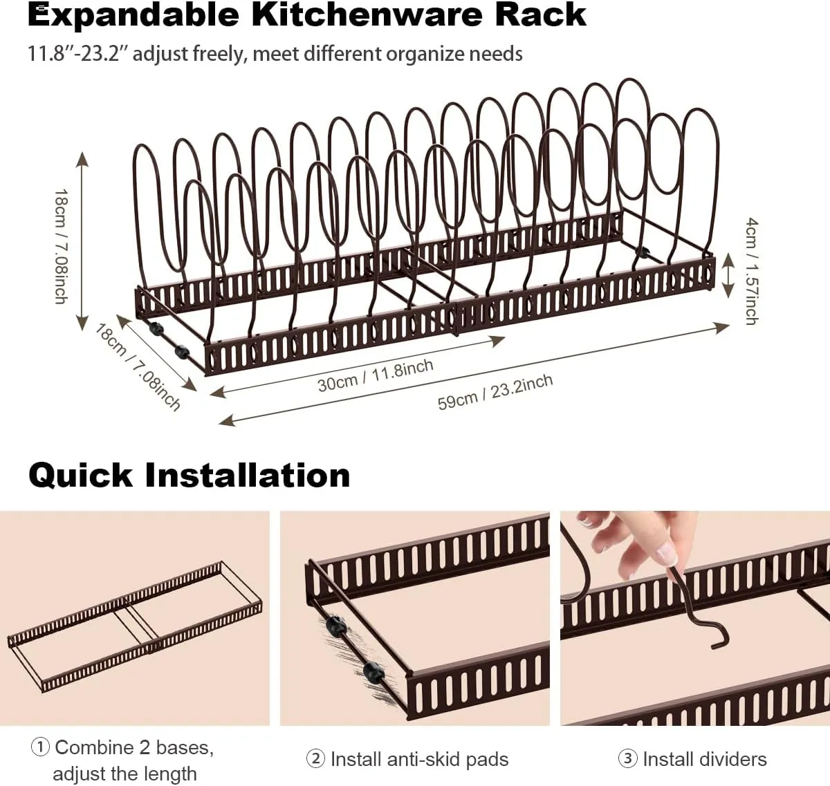 Pot and Pan Organizer Rack for Cabinet, Expandable Pot Lid Organizer with 14 Adjustable Dividers, Pan Holder Storage Rack for Kitchen Cabinet, Bronze