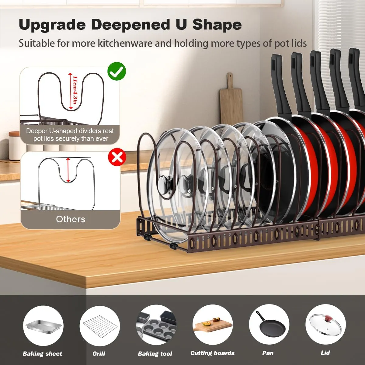 Pot and Pan Organizer Rack for Cabinet, Expandable Pot Lid Organizer with 14 Adjustable Dividers, Pan Holder Storage Rack for Kitchen Cabinet, Bronze