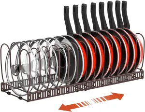 Pot and Pan Organizer Rack for Cabinet, Expandable Pot Lid Organizer with 14 Adjustable Dividers, Pan Holder Storage Rack for Kitchen Cabinet, Bronze