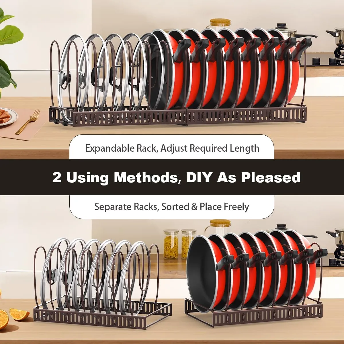 Pot and Pan Organizer Rack for Cabinet, Expandable Pot Lid Organizer with 14 Adjustable Dividers, Pan Holder Storage Rack for Kitchen Cabinet, Bronze