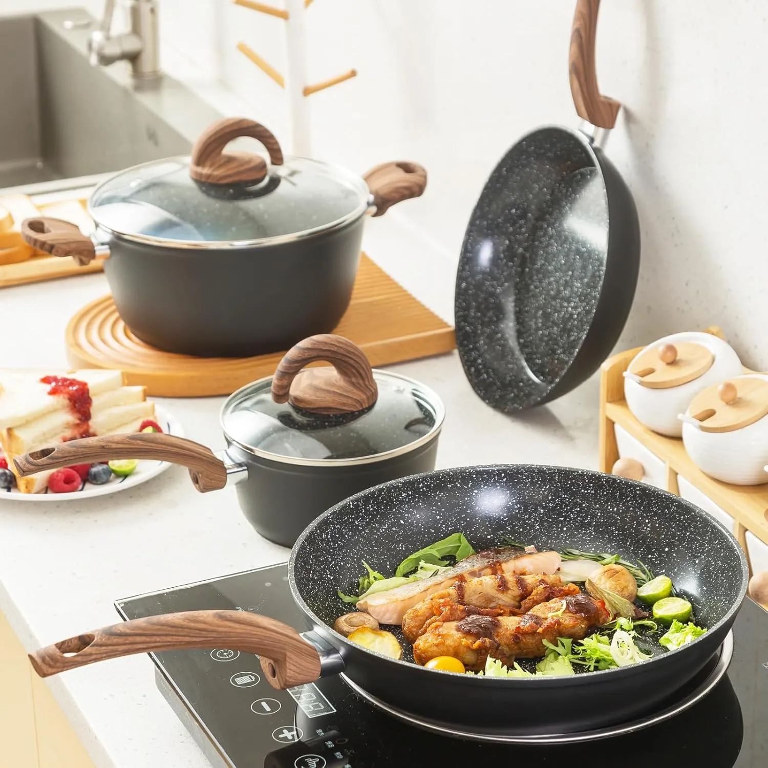 Pots and Pans Set Non Stick, Ceramic Cookware Set with Granite Pattern Kitchen Cooking Sets Induction Pot and Pan w/Frying Pans, Saucepans, Casserole, Non-Toxic, PTFE/PFOA/PFOS-Free, Black