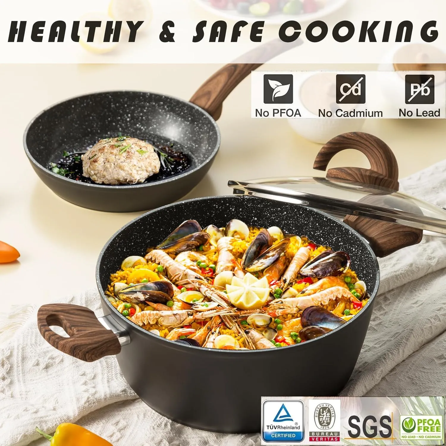 Pots and Pans Set Non Stick, Ceramic Cookware Set with Granite Pattern Kitchen Cooking Sets Induction Pot and Pan w/Frying Pans, Saucepans, Casserole, Non-Toxic, PTFE/PFOA/PFOS-Free, Black