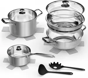 Pots and Pans Set,12-Piece Stainless Steel Cookware Set, Induction Ready Kitchen Cooking Set, Includes Saucepans, Stockpot, Steamer & Strainer Basket, Glass Lids, Dishwasher & Oven Safe