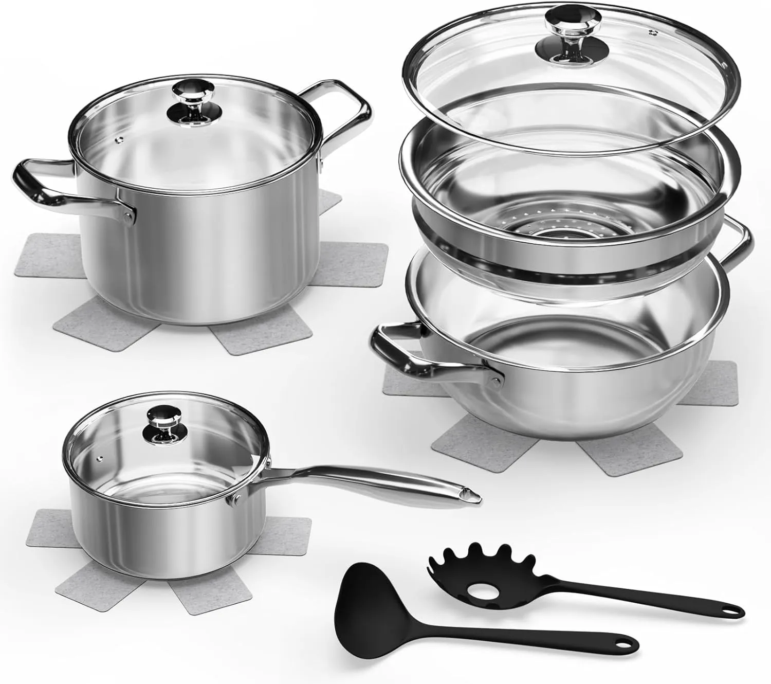 Pots and Pans Set,12-Piece Stainless Steel Cookware Set, Induction Ready Kitchen Cooking Set, Includes Saucepans, Stockpot, Steamer & Strainer Basket, Glass Lids, Dishwasher & Oven Safe