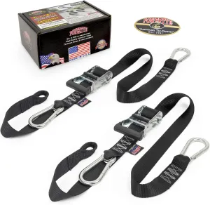 PowerTye 1.5in x 6.5ft Heavy Duty Ratchet Tie-Down Straps with Soft-Tye and Carabiner Hooks - 1,000 lb Working Load Limit / 3,000 lb Breaking Strength - Made in USA - Black/Black Pair