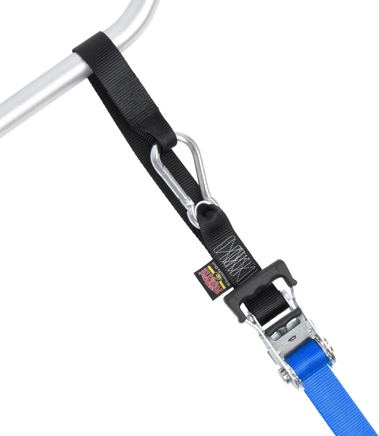 PowerTye 1.5in x 6.5ft Heavy Duty Ratchet Tie-Down Straps with Soft-Tye, Carabiner Hooks - 1,000 lb Working Load Limit / 3,000 lb Breaking Strength - Made in USA - Blue/Black Pair   Storage Bag