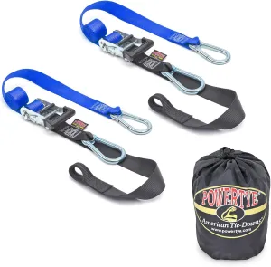 PowerTye 1.5in x 6.5ft Heavy Duty Ratchet Tie-Down Straps with Soft-Tye, Carabiner Hooks - 1,000 lb Working Load Limit / 3,000 lb Breaking Strength - Made in USA - Blue/Black Pair   Storage Bag
