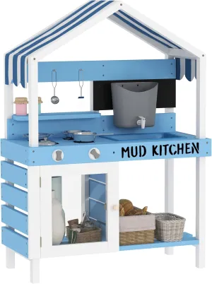Qaba Mud Kitchen for Kids, Outdoor Play Kitchen with Sink, Faucet, Water Tank, Storage Shelves, Accessories, Wooden Pretend Kitchen Playset Backyard for Boys and Girls, Blue