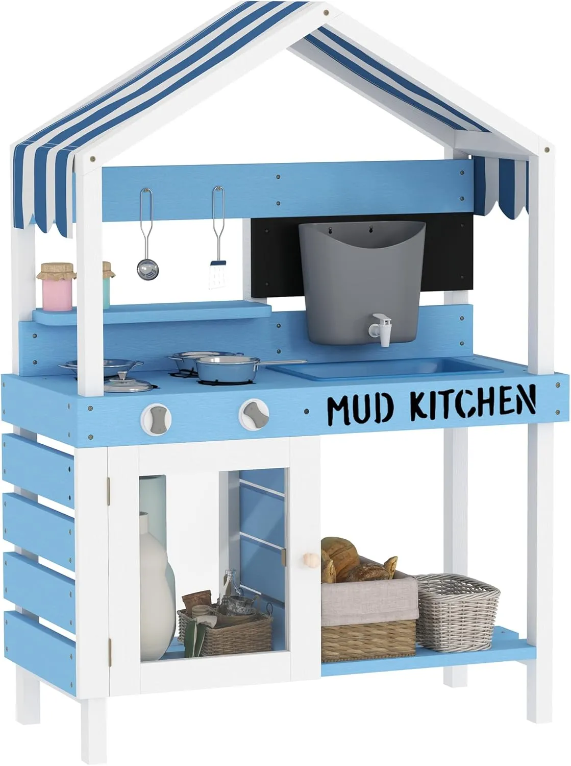 Qaba Mud Kitchen for Kids, Outdoor Play Kitchen with Sink, Faucet, Water Tank, Storage Shelves, Accessories, Wooden Pretend Kitchen Playset Backyard for Boys and Girls, Blue