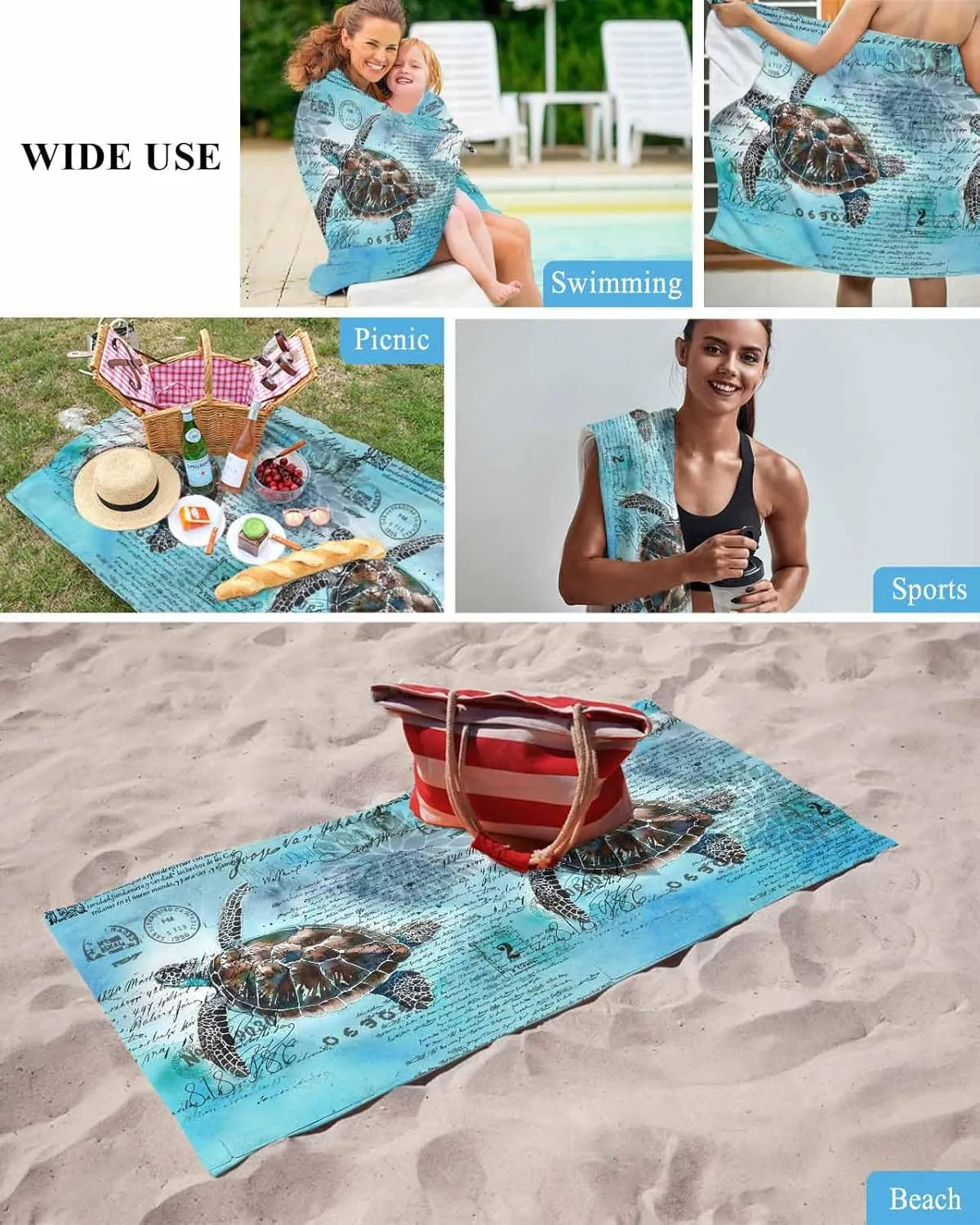 Quick-Drying Microfiber Beach Towel, Nautical Coastal Soft Absorbent Bath Shower Towels, Beach Sea Turtle Lightweight Portable Towel/Blanket for Travel/Swimming Pool/Camping/Yoga/Gym，35x70 Inch