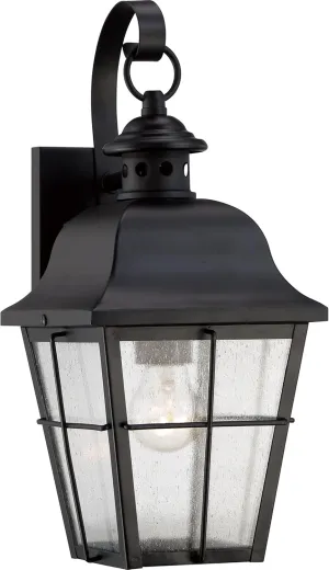 Quoizel Millhouse Outdoor Wall Lantern, 15.5 Inch, 1-Light Mystic Black Traditional Sconce, Clear Seeded Glass, 100W, Exterior Lantern Fixture, Outside Lights for Patio, Porch, Garage or Yard