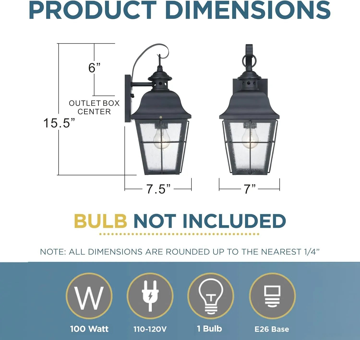 Quoizel Millhouse Outdoor Wall Lantern, 15.5 Inch, 1-Light Mystic Black Traditional Sconce, Clear Seeded Glass, 100W, Exterior Lantern Fixture, Outside Lights for Patio, Porch, Garage or Yard