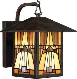 Quoizel TFIK8409VA Inglenook Exterior Lighting Tiffany Style Classic Geometric Handcrafted Orange Yellow Brown Art Glass Outdoor Wall Lantern, 1-Light 100 Watt, 12" H x 9" W, Valiant Bronze