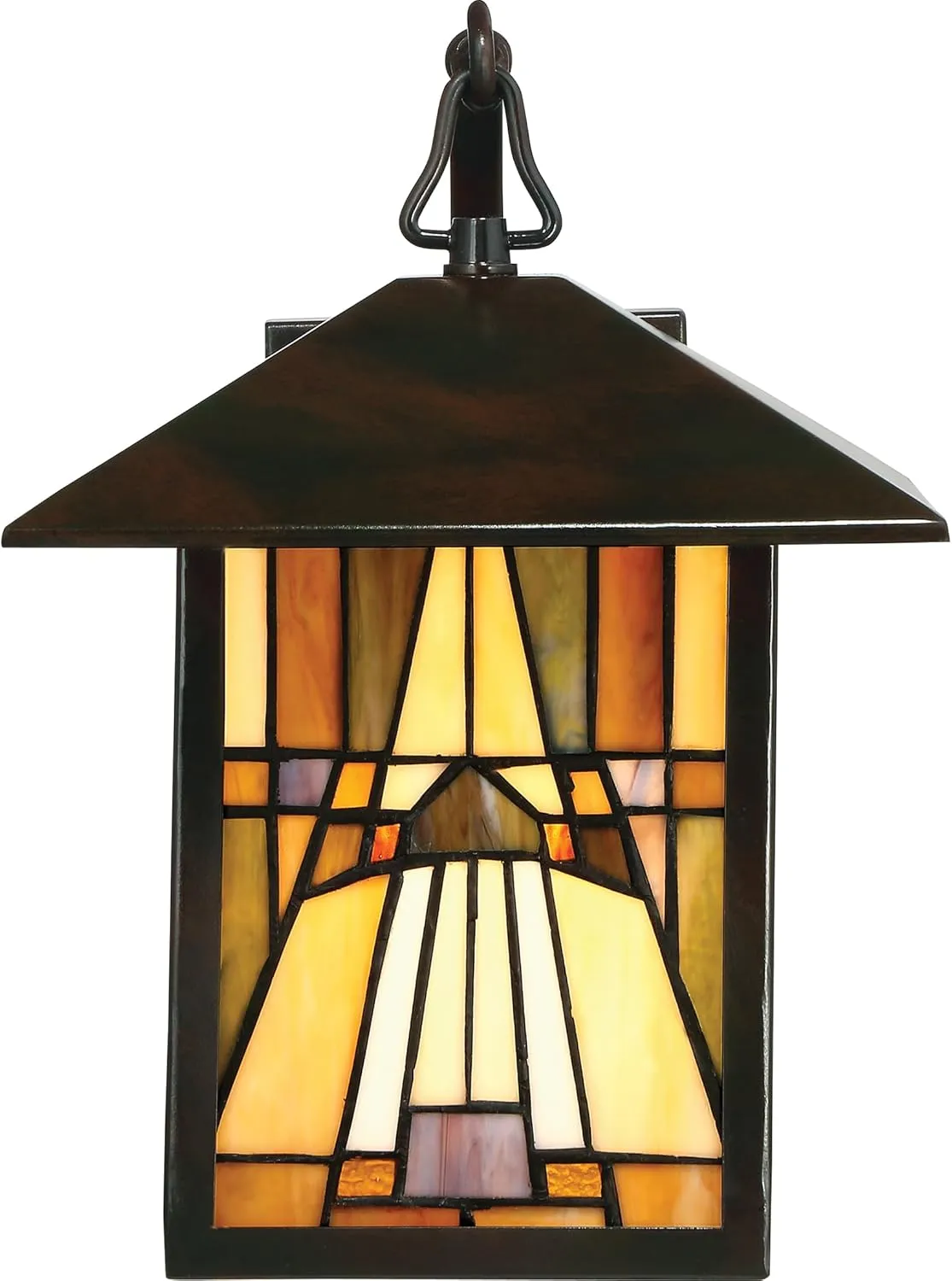 Quoizel TFIK8409VA Inglenook Exterior Lighting Tiffany Style Classic Geometric Handcrafted Orange Yellow Brown Art Glass Outdoor Wall Lantern, 1-Light 100 Watt, 12" H x 9" W, Valiant Bronze