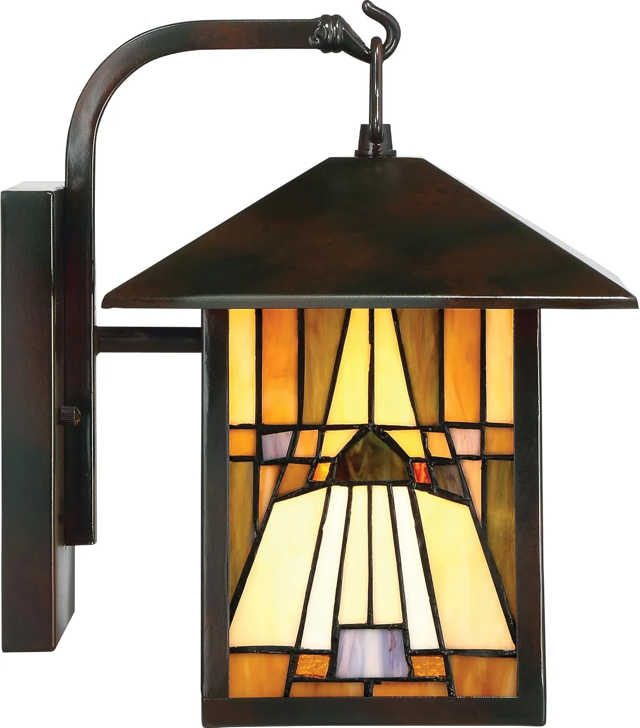 Quoizel TFIK8409VA Inglenook Exterior Lighting Tiffany Style Classic Geometric Handcrafted Orange Yellow Brown Art Glass Outdoor Wall Lantern, 1-Light 100 Watt, 12" H x 9" W, Valiant Bronze