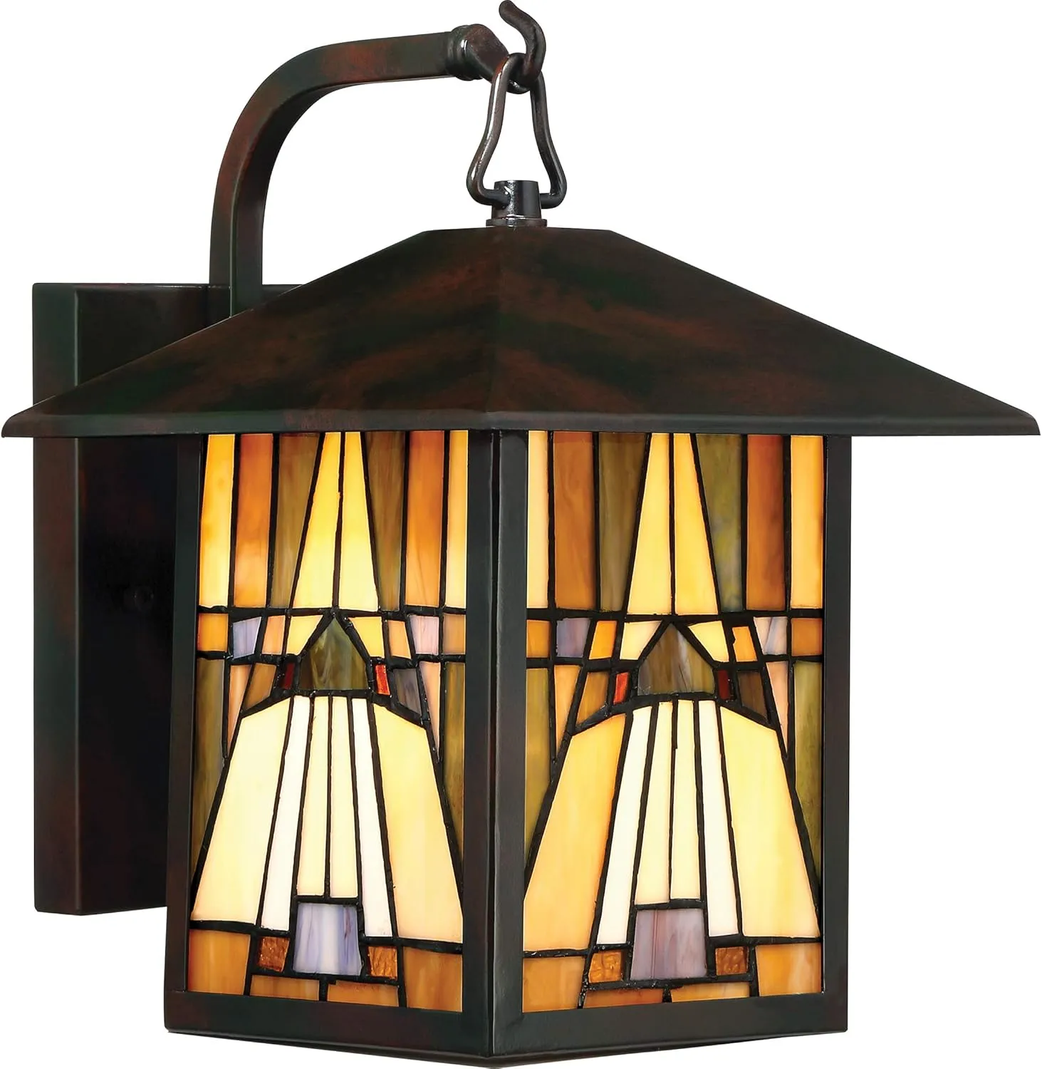 Quoizel TFIK8409VA Inglenook Exterior Lighting Tiffany Style Classic Geometric Handcrafted Orange Yellow Brown Art Glass Outdoor Wall Lantern, 1-Light 100 Watt, 12" H x 9" W, Valiant Bronze