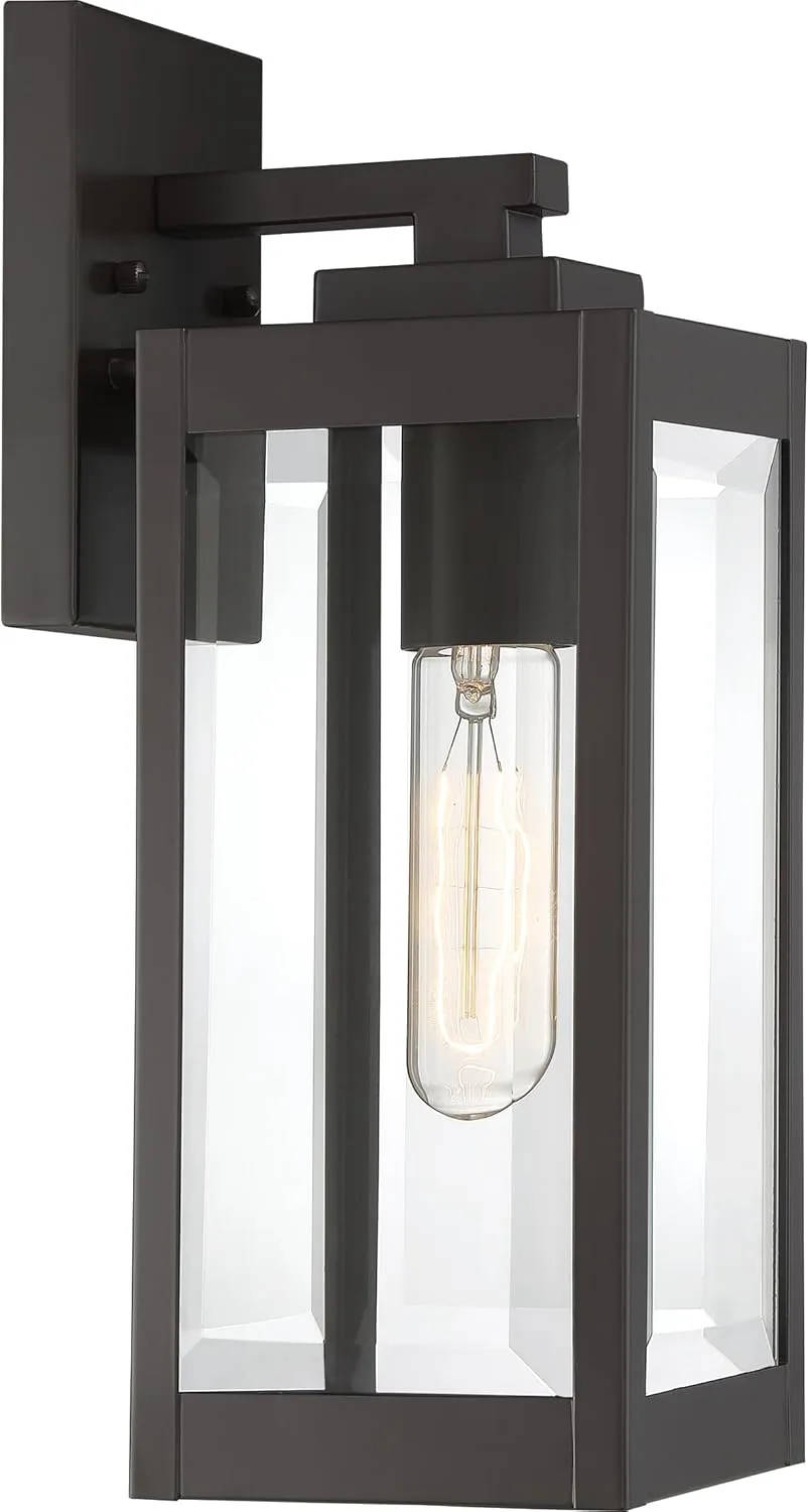 Quoizel Westover Modern Wall Sconce, 14.25 Inch Western Bronze 1-Light Outdoor Light Fixture, Clear Beveled Glass Wall Lantern, 100 W, Industrial Design Wall Light for Porch, Patio, Gazebo or Yard