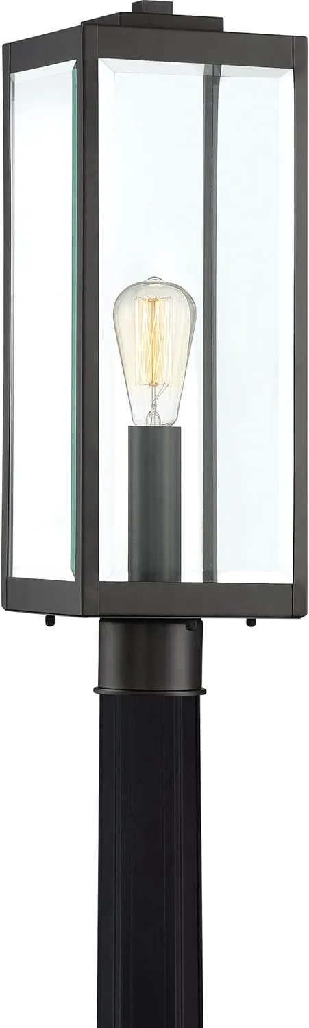 Quoizel Westover Outdoor Post Lantern, 21.25 Inch 1-Light Earth Black Modern Lamp Post, Clear Beveled Glass, Outside Pole Light for Patio, Porch, Fences, Garden, Pool or Driveway