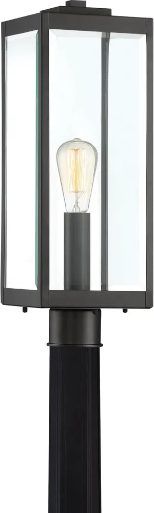 Quoizel Westover Outdoor Post Lantern, 21.25 Inch 1-Light Earth Black Modern Lamp Post, Clear Beveled Glass, Outside Pole Light for Patio, Porch, Fences, Garden, Pool or Driveway