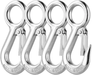 QWORK 304 Stainless Steel Safety Snap Hooks with Fast Eye, Heavy Duty Spring Carabiner Clips, 4 ⅝" Total Length, 1⅛" Round Eyelet, 1100 lbs Load, for Boats, Carabiners, Slip Hooks, 4 Pcs