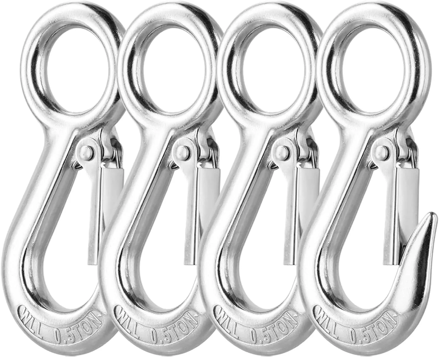 QWORK 304 Stainless Steel Safety Snap Hooks with Fast Eye, Heavy Duty Spring Carabiner Clips, 4 ⅝" Total Length, 1⅛" Round Eyelet, 1100 lbs Load, for Boats, Carabiners, Slip Hooks, 4 Pcs