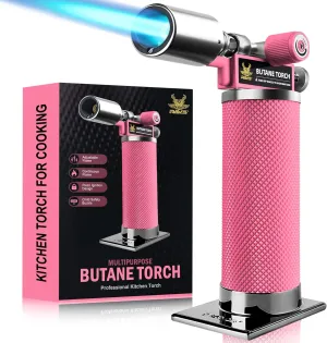 RAVS Butane Torch, Kitchen Torch Lighter for Creme Brulee with Adjustable Flame, Cooking Torch for Baking, BBQ, Desserts, Metal Mini Torch with Safety Buckle, Pink (Butane Not Included)